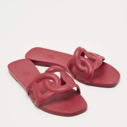 Pre Owned Hermes Burgundy Rubber Aloha Flat Slides Size 37