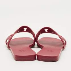 Pre Owned Hermes Burgundy Rubber Aloha Flat Slides Size 37