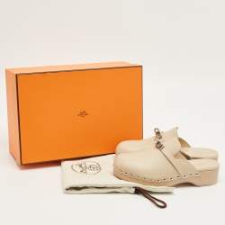 Pre Owned Hermes Beige Leather Carlotta Clogs Size 36