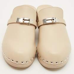 Pre Owned Hermes Beige Leather Carlotta Clogs Size 36