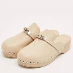 Pre Owned Hermes Beige Leather Carlotta Clogs Size 36