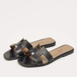 Pre Owned Hermes Black Leather Oran Flat Slide Size 38