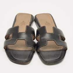 Pre Owned Hermes Black Leather Oran Flat Slide Size 38