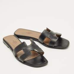 Pre Owned Hermes Black Leather Oran Flat Slide Size 38