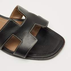 Pre Owned Hermes Black Leather Oran Flat Slide Size 38