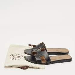 Pre Owned Hermes Black Leather Oran Flat Slide Size 38