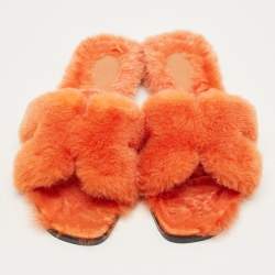Pre Owned Hermes Orange Shearling Fur Oran Flat Slides Size 39.5