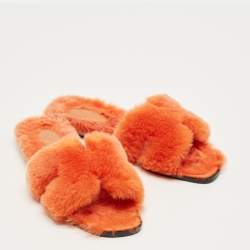 Pre Owned Hermes Orange Shearling Fur Oran Flat Slides Size 39.5