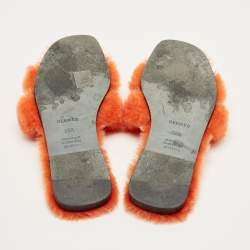 Pre Owned Hermes Orange Shearling Fur Oran Flat Slides Size 39.5