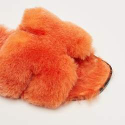 Pre Owned Hermes Orange Shearling Fur Oran Flat Slides Size 39.5