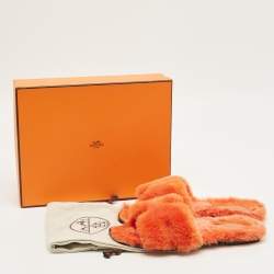 Pre Owned Hermes Orange Shearling Fur Oran Flat Slides Size 39.5