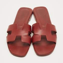 Pre Owned Hermes Burgundy Leather Oran Flat Slides Size 38.5
