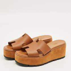 Pre Owned Hermes Brown Leather Eze Platform Cork Wedge Sandals Size 41