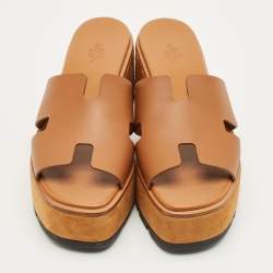Pre Owned Hermes Brown Leather Eze Platform Cork Wedge Sandals Size 41