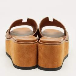 Pre Owned Hermes Brown Leather Eze Platform Cork Wedge Sandals Size 41
