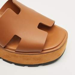 Pre Owned Hermes Brown Leather Eze Platform Cork Wedge Sandals Size 41