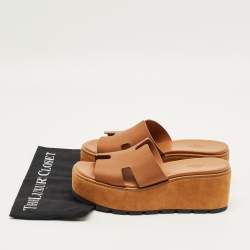 Pre Owned Hermes Brown Leather Eze Platform Cork Wedge Sandals Size 41