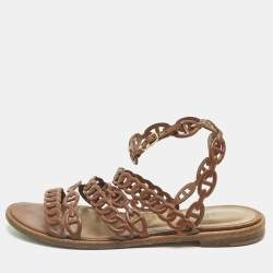 Pre Owned Hermes Kalliste Size 37 Brown Leather Ankle Strap Flats