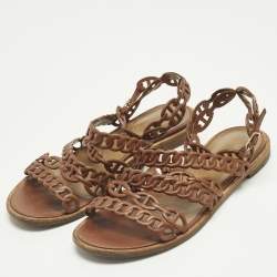 Pre Owned Hermes Kalliste Size 37 Brown Leather Ankle Strap Flats