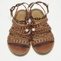 Pre Owned Hermes Kalliste Size 37 Brown Leather Ankle Strap Flats