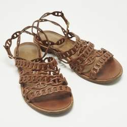 Pre Owned Hermes Kalliste Size 37 Brown Leather Ankle Strap Flats