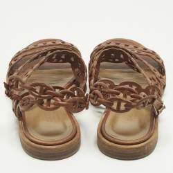 Pre Owned Hermes Kalliste Size 37 Brown Leather Ankle Strap Flats