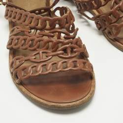 Pre Owned Hermes Kalliste Size 37 Brown Leather Ankle Strap Flats