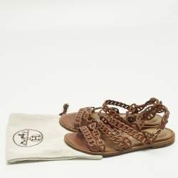 Pre Owned Hermes Kalliste Size 37 Brown Leather Ankle Strap Flats