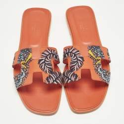 Pre Owned Hermes Oran Size 41 Orange Canvas and Leather Slide Sandals