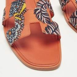 Pre Owned Hermes Oran Size 41 Orange Canvas and Leather Slide Sandals