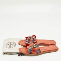 Pre Owned Hermes Oran Size 41 Orange Canvas and Leather Slide Sandals