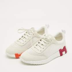 مملوكة مسبقًا Hermes Bouncing Size 40.5 White/Light Grey Knit Fabric and Suede Sneakers