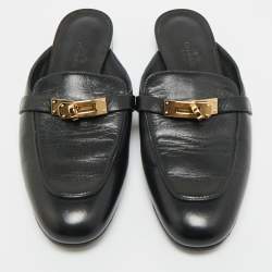 Pre Owned صندل مولز هيرمس أوه زد مطللي بلاديوم جلد أسود مقاس 38