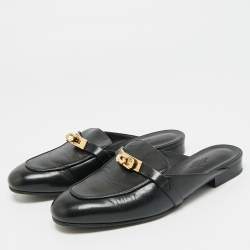 Pre Owned صندل مولز هيرمس أوه زد مطللي بلاديوم جلد أسود مقاس 38