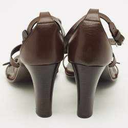 مملوكة مسبقًا Hermès Size 39.5 Dark Brown Leather Ankle Strap Sandals