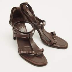 مملوكة مسبقًا Hermès Size 39.5 Dark Brown Leather Ankle Strap Sandals