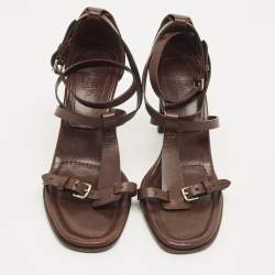 مملوكة مسبقًا Hermès Size 39.5 Dark Brown Leather Ankle Strap Sandals