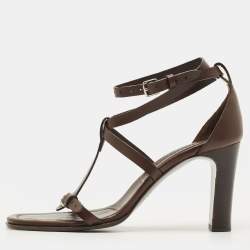 مملوكة مسبقًا Hermès Size 39.5 Dark Brown Leather Ankle Strap Sandals