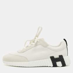 مملوكة مسبقًا حذاء رياضي هيرمس بونسنج جلد شامواه رمادي/أبيض منخفض من أعلى مقاس 38