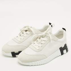 مملوكة مسبقًا حذاء رياضي هيرمس بونسنج جلد شامواه رمادي/أبيض منخفض من أعلى مقاس 38