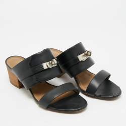 Pre Owned Hermes Ovation Size 36.5 Black Leather Slide Sandals