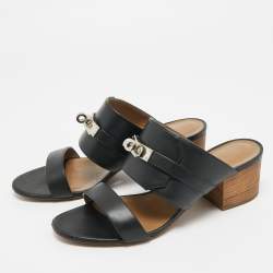 Pre Owned Hermes Ovation Size 36.5 Black Leather Slide Sandals