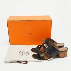 Pre Owned Hermes Ovation Size 36.5 Black Leather Slide Sandals
