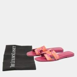 مملوكة مسبقًا Hermes Oran Size 37 Orange/Purple Canvas Flat Slides