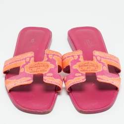 مملوكة مسبقًا Hermes Oran Size 37 Orange/Purple Canvas Flat Slides