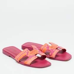 مملوكة مسبقًا Hermes Oran Size 37 Orange/Purple Canvas Flat Slides