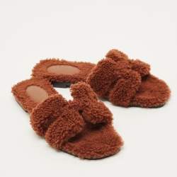 Pre Owned صندل هيرميس أوران فرو بني مسطح مقاس 38