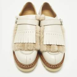 Pre Owned أحذية ديربي هيرمس جلد كريمي وفرو منك مقاس 40