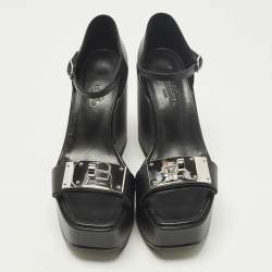 Pre Owned صندل إسفين هيرمس هيلدا 80 جلد أسود بحزام على الكاحل مق�اس 37