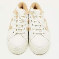 Pre Owned حذاء رياضي هيرمس جلد أبيض/بيج وفراء بعنق منخفض مقاس 40